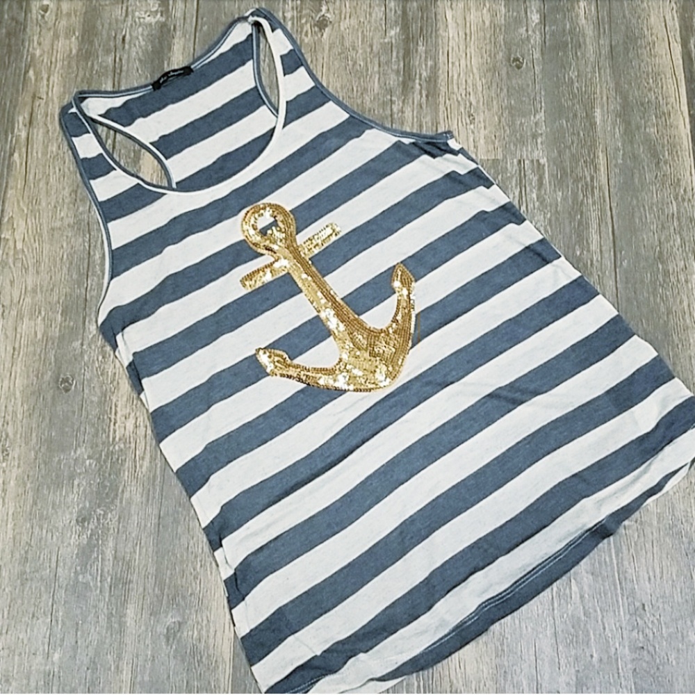 The Classic Blue Stripe Nautical Sequin Anchor Tank Medium
